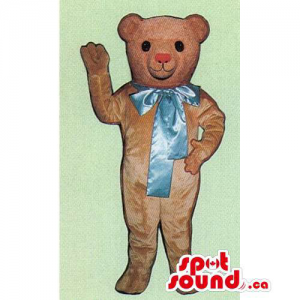 Light Brown Teddy Bear Mascot With Large Blue Ribbon