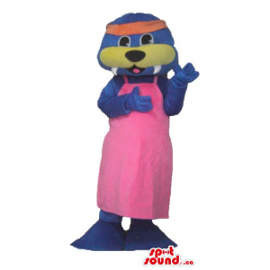 Blue walrus in pink apron...