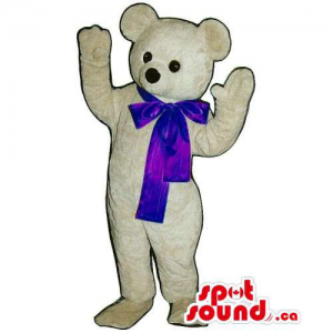 Customised White Teddy Bear Mascot With Blue Ribbon