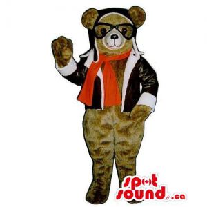 Brown Bear Mascot Dressed In Plane Pilot Gear And Gadgets