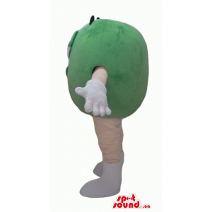 Happy male green M&M's Candy Mascot with white gloves and shoes