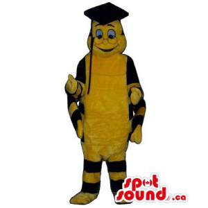 Yellow And Black Caterpillar Bug Mascot Dressed In Teacher Gadgets