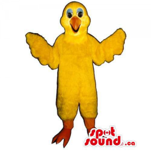 Yellow Bird Mascot With Orange Legs And Beak With Blue Eyelids