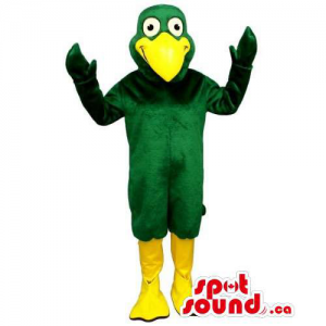 Green Bird Mascot With A Huge Yellow Beak And Legs