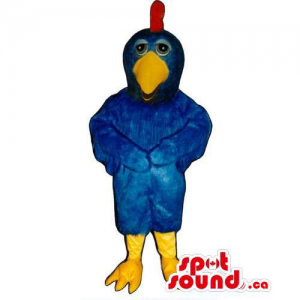 Blue Bird Mascot With Yellow Legs, Beak And A Red Comb