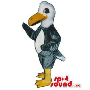 Grey Customised Bird Mascot With A Large Beak And White Belly