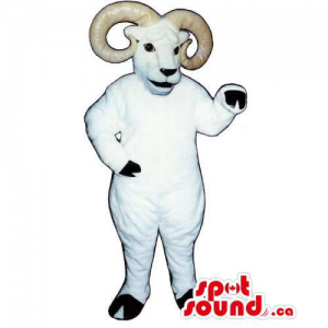 White Customised Goat Animal Mascot With Curved Beige Horns