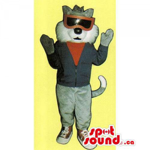 Customised Grey Cat Mascot Dressed In Clothes And Sunglasses