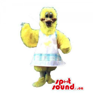 Yellow Chicken Or Hen Mascot Dressed In A White Apron