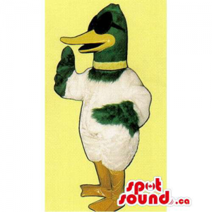 Customised White And Green Duck Mascot Dressed In Sun Glasses