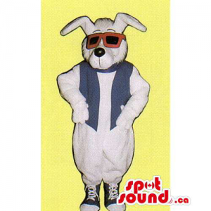 Customised White Rabbit Mascot Dressed In A Vest And Sunglasses
