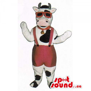 Customised Cow Mascot Dressed In Red Sunglasses And Overalls