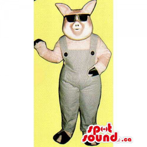 Customised All Pig Mascot Dressed In Overalls And Sunglasses