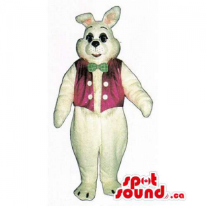 White Rabbit Mascot Dressed In A Pink Vest And A Green Bow Tie