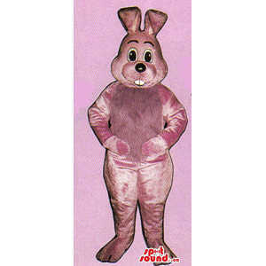 All Pink Rabbit Mascot With Bent Ears And Showing Teeth