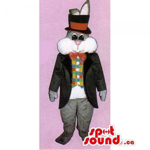 Grey Rabbit Mascot Dressed In An Elegant Jacket And Top Hat