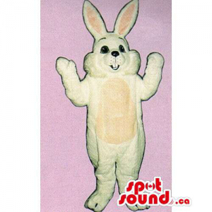 All White Rabbit Mascot With A Black Nose And A Beige Belly