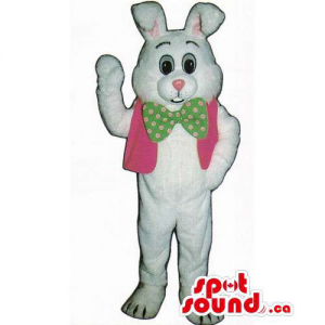 Customised White Rabbit Mascot Dressed In A Pink Vest And Bow Tie
