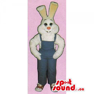 White Rabbit Mascot With Pink Nose Dressed In Blue Overalls