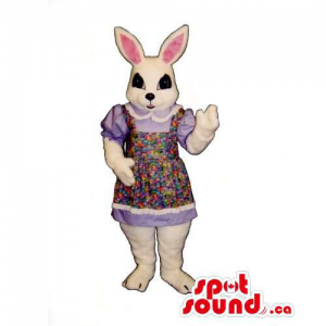 Customised White Rabbit Mascot Dressed In A Flower Dress