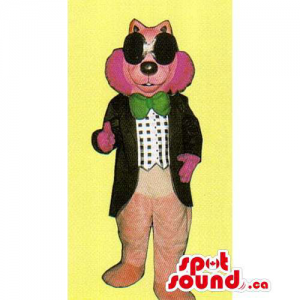 Customised Pink Cat Mascot Dressed In A Jacket, Vest And A Bow Tie