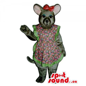 Grey Girl Mouse Animal Mascot Dressed In A Dress And Red Ribbon