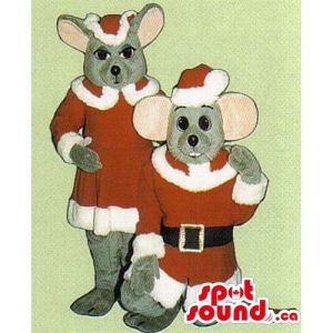 Grey Mouse Animal Couple Mascot Dressed In Christmas Gear