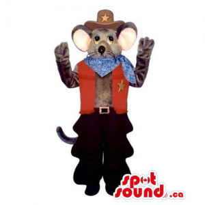 Customised Grey Mouse Animal Mascot Dressed In Cowboy Gear