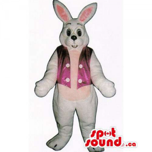 White Rabbit Mascot With Glasses, A Pink Belly And Vest