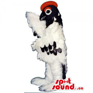 White And Black Bird Mascot With A Red Comb And Feathers