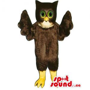 Customised Dark Brown Owl Bird Mascot With Green Eyes