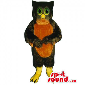 Dark Brown Owl Bird Mascot With Green Eyes And Brown Belly
