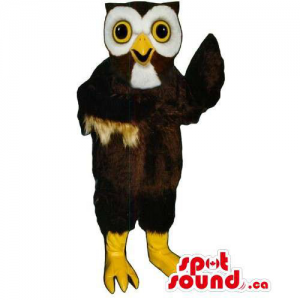 Dark Brown And White Owl Bird Mascot With Yellow Eyes
