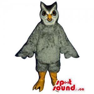Grey And White Owl Bird Mascot With Small Eyes And Yellow Beak