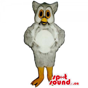 Cute Grey Owl Bird Mascot With A White Belly And Yellow Eyes