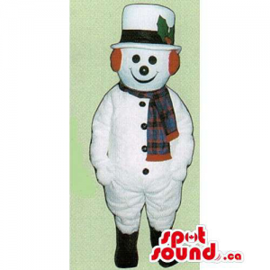 Snowman Mascot Dressed In A Top Hat, Scarf And Ear Warmers