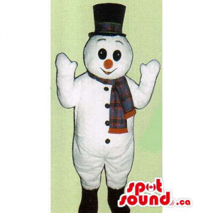 Snowman Mascot Dressed In A Top Hat And A Winter Scarf