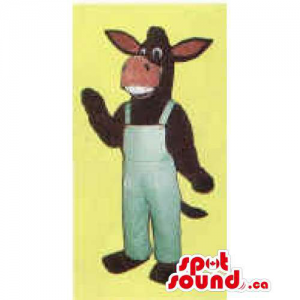 Brown Plush Donkey Mascot With Large Teeth Dressed In Overalls