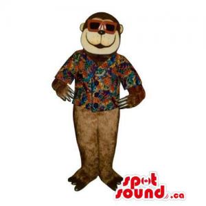 Brown Plush Monkey Mascot Dressed In A Holiday Shirt And Sunglasses