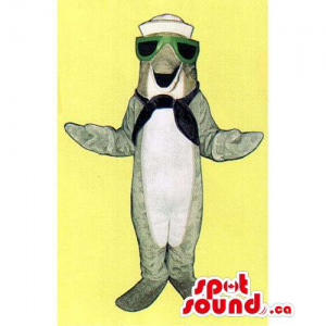 Grey Dolphin Ocean Mascot Dressed In Sailor Hat And Sunglasses