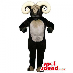 Black Goat Animal Mascot With Great Huge Horns And A Belly