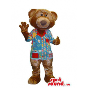 Customised Brown Bear Mascot Dressed In A Colourful Shirt