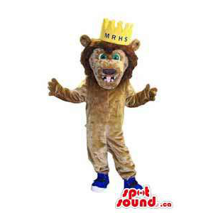 Brown Plush Lion Animal Mascot Dressed In A Crown And Shoes