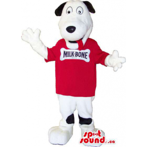 White And Black Plush Dog Animal Mascot Dressed In A Red T-Shirt