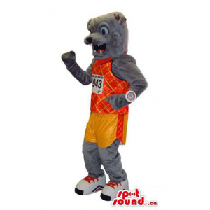Customised Grey Dog Mascot Dressed In Basketball Sport Gear