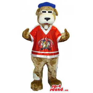 Brown Dog Mascot With Sunglasses, A Cap And A T-Shirt