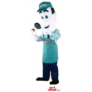 Customised Human Mascot Dressed In A Green Apron And Cap