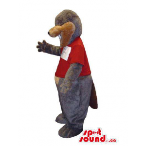 Grey And Brown Otter Animal Mascot Dressed In A Red T-Shirt