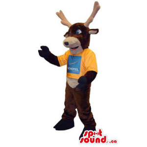 Brown And Beige Deer Mascot Dressed In A T-Shirt With Logo