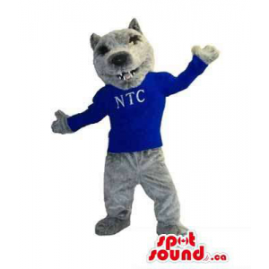 Grey Wolf Mascot Dressed In A Blue T-Shirt With Letters